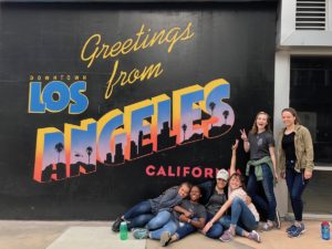 Klaire Denny, Alexis Finnell, Sarah Hollcraft, Janise Williams, Sarah Lynch, and
Genevieve Michaud stop to take a photo after completing a street route in Los Angeles. COURTESY CHRIST IN THE CITY
