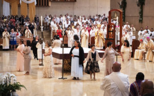 On Saturday, June 8, Archbishop José H. Gomez ordained 11 new permanent deacons for the Archdiocese of Los Angeles. With friends and family at the Cathedral of Our Lady of the Angels he welcomed Nestor and Winnie Aclan, Alex and Carmen Aguilar, Jesús and Erica Bravo, Ray and Connie Gallego, Jorge and Lucy Madrigal, Chuck and Linda McDaniels, George and Tricia Mora, Mark and Louise Ramirez, Mike and Mary Rutz, Rubén and Janet Sainz, Denise and Reed Wilcox. VICTOR ALEMÁN/ANGELUS NEWS