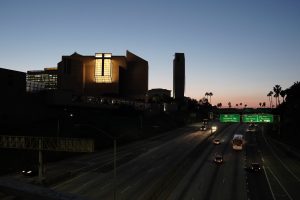 The Cathedral of Our Lady of the Angels as seen from the opposite side of the 101 freeway in downtown LA at dusk on April 1. (Sarah Yaklic)
