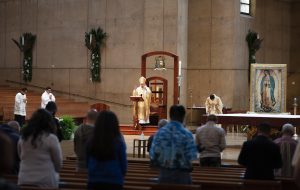 Archbishop José H. Gomez celebrated his first Mass with faithful present at the Cathedral of Our Lady of the Angels June 7. Public Masses throughout the Archdiocese of Los Angeles had been suspended since March 16 amid the COVID-19 pandemic. (Victor Alemán)