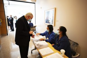 Archbishop Gomez and Auxiliary Bishop Alex Aclan both received the first dose of the Pfizer-BioNTech COVID-19 vaccine the morning of Jan. 21 at Providence St. John's Health Center in Santa Monica. (Victor Alemán/Angelus News)