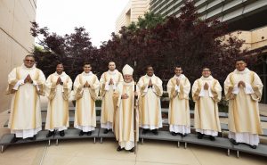 Eight men were ordained transitional deacons for the Archdiocese of Los Angeles at the Cathedral of Our Lady of the Angels by Auxiliary Bishop David O’Connell May 29. Pictured from left: Guillermo Alonso, Juan Gutierrez, Cesar Carrasco, Kamil Ziolkowski, Justin Ordoveza, Daniel Vega, Daniel Lopez, and Ramon Reyes. (Victor Alemán)