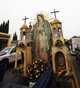 A Guadalupe-themed float made by the Marriage Encounter Ministry at St. John the Baptist Church in Baldwin Park won a second-place award of $2,000. (Victor Alemán)