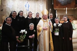 Fifty- and 25-year jubilarians of the Franciscan Sisters of the Immaculate Conception with Archbishop Gomez after Mass. The order is marking 50 years of presence in the Archdiocese of Los Angeles this year. (Victor Alemán) 