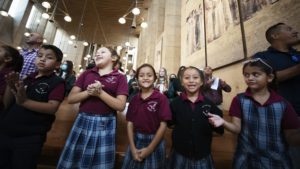 Hundreds of Catholic school students gathered at the Cathedral of Our Lady of the Angels Oct. 19 for the annual Missionary Childhood Association Mass. (Victor Alemán) 