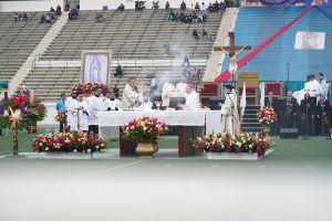 Archbishop Gomez was joined by several priests and bishops of the archdiocese to celebrate the Mass for Our Lady of Guadalupe at East LA College Stadium Dec. 4. (Archdiocese of Los Angeles digital team)