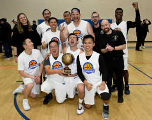 Team Seminarians cheers with their trophy after winning the annual Priests vs. Seminarians matchup Feb. 17, 2023. (John McCoy)