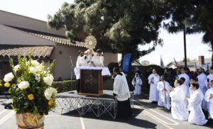 The Blessed Sacrament is set up for adoration at St. Luke the Evangelist Church in Temple City as part of the the 6-mile eucharistic procession. (Victor Alemán)