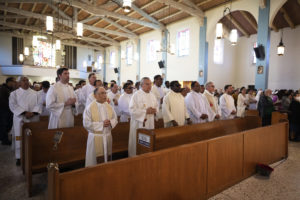 Priests and parishioners attend the Mass presided over by Los Angeles Archbishop José H. Gomez before embarking on the 6-mile eucharistic procession that went from Mission San Gabriel Arcángel to St. Luke the Evangelist Church in Temple City, then back to the mission. (Victor Alemán)