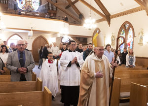 Archbishop José H. Gomez processes during a bilingual Mass in English and Croatian at St. Anthony Croatian Church on April 16. (Victor Alemán)