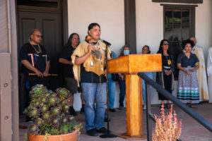 Andrew Morales and the Gabrieleño San Gabriel Band of Mission Indians help bless the reopened Mission San Gabriel Arcángel. (John Rueda/ADLA)