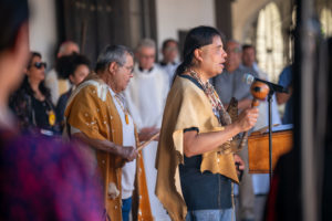 Andrew Morales, right and his father, Anthony, tribal chief of the Gabrieleño San Gabriel Band of Mission Indians help bless the reopened Mission San Gabriel Arcángel. (John Rueda/ADLA)