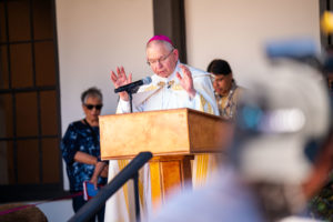 Archbishop José H. Gomez helps bless the reopened Mission San Gabriel Arcángel. (John Rueda/ADLA)