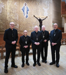 Los Angeles Archbishop José H. Gomez, center, poses with new LA auxiliary bishops-elect at their press conference announcement on July 18 (left to right): Father Slawomir Szkredka, Father Brian Nunes, Father Matthew Elshoff OFM, Cap., and Msgr. Albert Bahhuth. (Victor Alemán)
