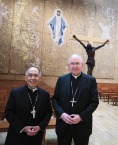 Father Brian Nunes, left, poses with Archbishop José H. Gomez after a press conference announcing the four LA priests as new auxiliary bishops for the Archdiocese of Los Angeles. (Victor Alemán)