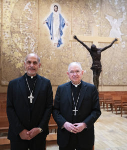 Msgr. Albert Bahhuth, left, poses with Archbishop José H. Gomez after a press conference announcing the four LA priests as new auxiliary bishops for the Archdiocese of Los Angeles. (Victor Alemán)