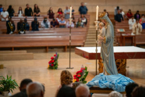 A statue of the Virgin Mary and baby Jesus rests on the altar during the special “One Mother, Many Peoples” Mass at the Cathedral of Our Lady of the Angels on Aug. 26. (John Rueda/ADLA)