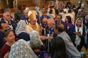 Parishioners greet LA Archbishop José H. Gomez following the special “One Mother, Many Peoples” Mass at the Cathedral of Our Lady of the Angels on Aug. 26. The special Mass and rosary service celebrated the rich diversity found within the Archdiocese of Los Angeles. (John Rueda/ADLA)