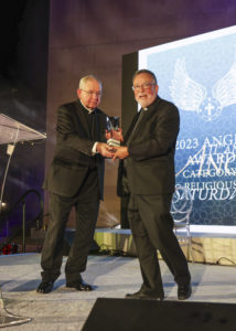 Bishop Jaime Soto, right, of the Diocese of Sacramento, receives his Religious Award from Los Angeles Archbishop José H. Gomez during Catholic Association for Latino Leadership (CALL)’s 11th Annual Angel Awards at the Cathedral of Our Lady of the Angels on Sept. 9. (Guillermo A. Luna)