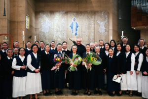 Msgr. Antonio Cacciapuoti poses with several local women religious who are celebrating jubilee anniversaries this year after the annual Jubilarian Mass on Jan. 28 at the Cathedral of Our Lady of the Angels. (Victor Alemán)