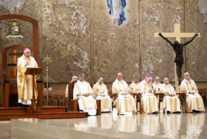Archbishop José H. Gomez gives the homily while bishops and priests look on during the annual Jubilarian Mass on Jan. 28 at the Cathedral of Our Lady of the Angels. (Victor Alemán)