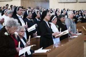 Several local women religious who are celebrating jubilee anniversaries this year pray during the annual Jubilarian Mass on Jan. 28 at the Cathedral of Our Lady of the Angels. (Victor Alemán)