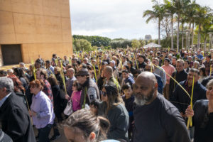 Parishioners file into the Cathedral of Our Lady of the Angels for the Palm Sunday Mass on March 24. (John Rueda)