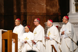 Five of the LA archdiocese's auxiliary bishops Albert Bahhuth, Brian Nunes, Marc Trudeau, Matthew Elshoff and Slawomir Szkredka participate in a special Mass for LA pilgrims at the Sts. Peter & Paul Cathedral in Indianapolis July 19 during the National Eucharistic Congress. (Archdiocese of Los Angeles)