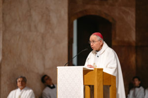 Archbishop Jose H. Gomez presides over a special Mass for LA pilgrims at the Sts. Peter & Paul Cathedral in Indianapolis July 19 during the National Eucharistic Congress. (Archdiocese of Los Angeles)