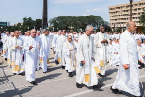 Archbishop Jose H. Gomez and LA auxiliary bishops walk as part of the two-mile Eucharistic Procession in downtown Indianapolis on July 20. (Archdiocese of Los Angeles)