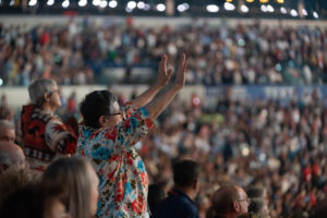 An attendee of the closing Mass of the National Eucharistic Congress on July 21 revels in the moment. (Archdiocese of Los Angeles)