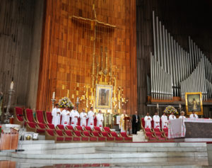 Archbishop Gomez presides over Mass in the Basilica Of Our Lady of Guadalupe in Mexico City underneath the holy tilma featuring the image of Our Lady of Guadalupe. (Victor Alemán)