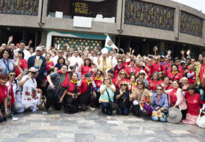 Archbishop José H. Gomez poses with the hundreds of pilgrims from the Archdiocese of Los Angeles outside the Basilica Of Our Lady of Guadalupe on July 6. (Victor Alemán)