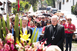 Archbishop José H. Gomez, right, and Msgr. Eduardo Chávez, co-founder of the Institute of Guadalupan Studies in Mexico City, led the procession to the basilica. (Victor Alemán)