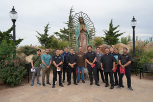 A group of LA seminarians and young men discerning whether to enter priestly formation stopped at the Blessed Stanley Rother Shrine in Oklahoma City during a road trip on their way to the National Eucharistic Congress in Indianapolis. (LA Archdiocese Office of Vocations)