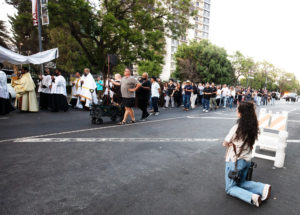 More than 300 priests, seminarians, and lay Catholics joined the archdiocese's Office of Vocations and the Friars and Sisters of the Poor of Jesus Christ LA for a Eucharistic Procession through downtown LA’s Skid Row on Saturday, July 27. (Victor Alemán)