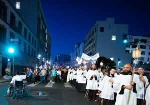 More than 300 priests, seminarians, and lay Catholics joined the archdiocese's Office of Vocations and the Friars and Sisters of the Poor of Jesus Christ LA for a Eucharistic Procession through downtown LA’s Skid Row on Saturday, July 27. (Victor Alemán)