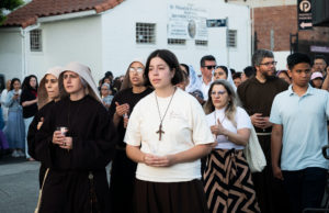 More than 300 priests, seminarians, and lay Catholics joined the archdiocese's Office of Vocations and the Friars and Sisters of the Poor of Jesus Christ LA for a Eucharistic Procession through downtown LA’s Skid Row on Saturday, July 27. (Victor Alemán)