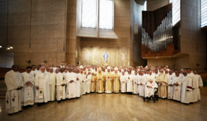 Deacons pose with Archbishop José H. Gomez, bishops and priests following a special Diaconate Mass at the Cathedral of Our Lady of the Angels on Aug. 10 to celebrate the feast day of St. Lawrence, the notable third-century deacon and martyr. (Victor Alemán)