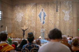 The Statue of Our Lady of the Angels was featured during the 20th anniversary “One Mother, Many Peoples” Mass at the Cathedral of Our Lady of the Angels on Sept. 7. The multilingual event celebrates the many ethnic and cultural groups in the archdiocese. (John Rueda)