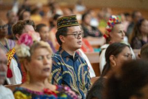 Parishioners pray during the 20th anniversary “One Mother, Many Peoples” Mass at the Cathedral of Our Lady of the Angels on Sept. 7. The multilingual event celebrates the many ethnic and cultural groups in the archdiocese. (John Rueda)