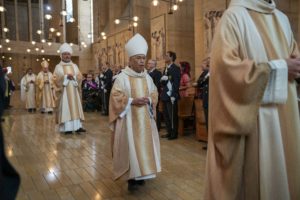 Bishops process in during the 20th anniversary “One Mother, Many Peoples” Mass at the Cathedral of Our Lady of the Angels on Sept. 7. (John Rueda)