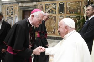 Bishop Matthew Elshoff greets Pope Francis at the Vatican during a Sept. 19 audience with new bishops from around the world. (Vatican Media)