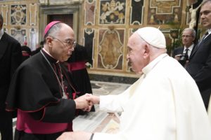 Bishop Brian Nunes greets Pope Francis at the Vatican during a Sept. 19 audience with new bishops from around the world. (Vatican Media)