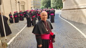 LA Auxiliary Bishop Brian Nunes waits to enter St. Peter’s Basilica with other new bishops from around the world during a bishop formation course in Rome Sept. 2024. (Submitted photo)