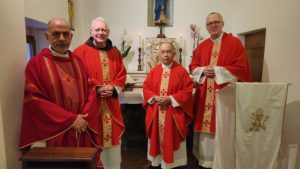 During a visit to San Giovanni Rotondo, Italy, LA’s “quadruplet” bishops celebrated the Eucharist inside the cell where St. Pio of Pietrelcina (“Padre Pio”) privately said Mass while he was briefly banned from ministry by the Vatican. (Submitted photo)