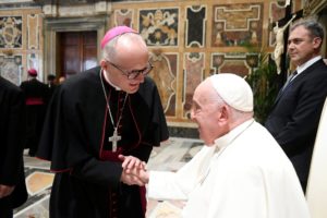 Auxiliary Bishop Slawomir Szkredka of LA greets Pope Francis at a Sept. 19, 2024 Vatican audience with new bishops from around the world. (Vatican Media/Submitted photo)