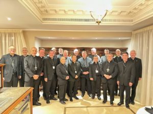 This year’s group of recently ordained bishops from the U.S. with Cardinal Christophe Pierre after a dinner in Rome. (Submitted photo)