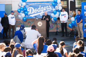 Los Angeles Archbishop José H. Gomez speaks during a celebratory event at Incarnation School in Glendale on Nov. 8 to celebrate funds raised for Catholic Education Foundation of Los Angeles thanks to the Dodgers winning the World Series. (Victor Alemán)