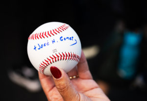 A baseball signed by Archbishop José H. Gomez during an event at Incarnation School in Glendale on Nov. 8 to celebrate funds raised for Catholic Education Foundation of Los Angeles thanks to the Dodgers winning the World Series.(Victor Alemán)